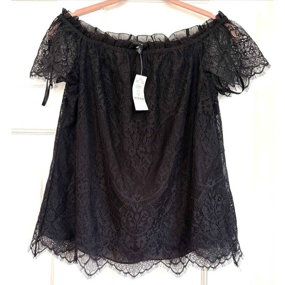 NWT White House Black Market Jade Lace Top Black Off Shoulder Eyelash Blouse S